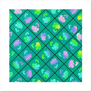 Window Pane Diagonal Floral Black Line on Teal Posters and Art